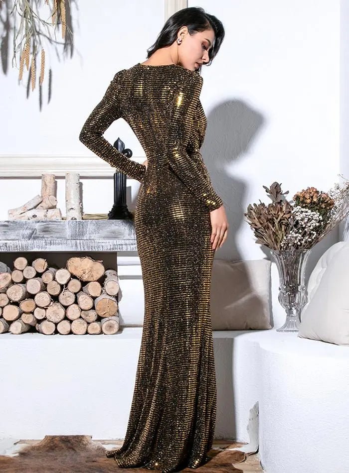 Deep V-Neck Cut Out Puff Sleeves Gown - Mscooco.co.uk