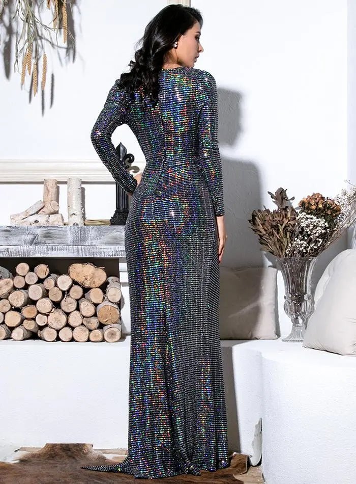 Deep V-Neck Cut Out Puff Sleeves Gown - Mscooco.co.uk