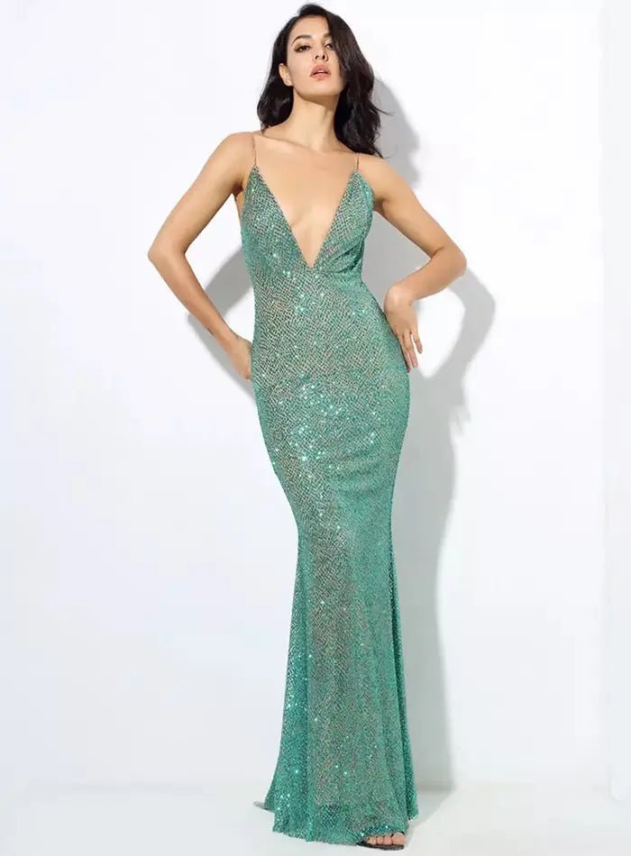 Deep V Neck Exposed Bead Maxi Dress - Mscooco.co.uk