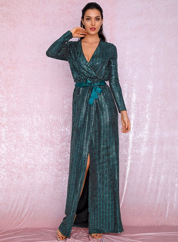 Deep V-Neck Gold Cross Fit Long Sleeve Composite Sequins Long Dress - Mscooco.co.uk