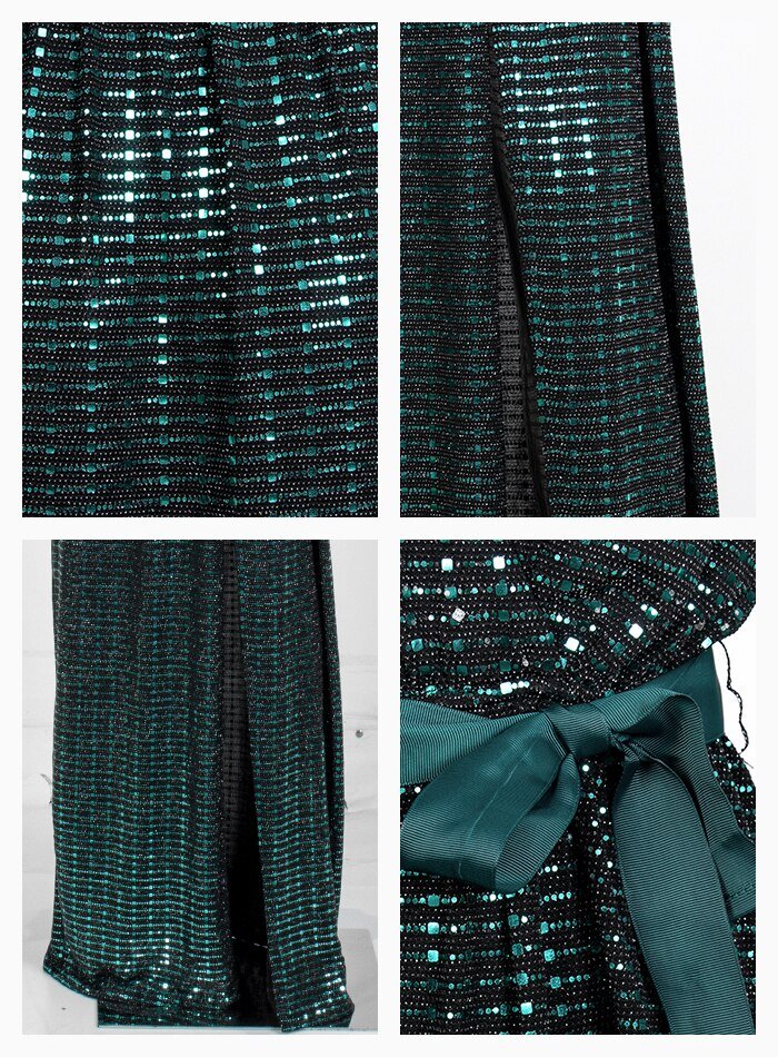 Deep V-Neck Gold Cross Fit Long Sleeve Composite Sequins Long Dress - Mscooco.co.uk