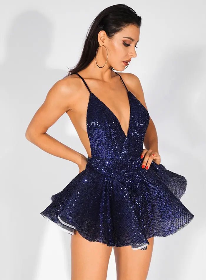 Deep V-Neck Open Back Ballet Style Sequins Playsuit - Mscooco.co.uk
