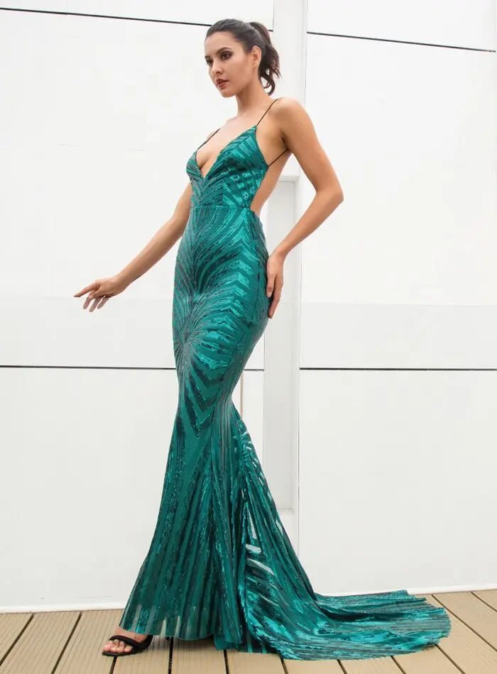 Deep V Neck Open Back Geometry Sequins Long Dress - Mscooco.co.uk