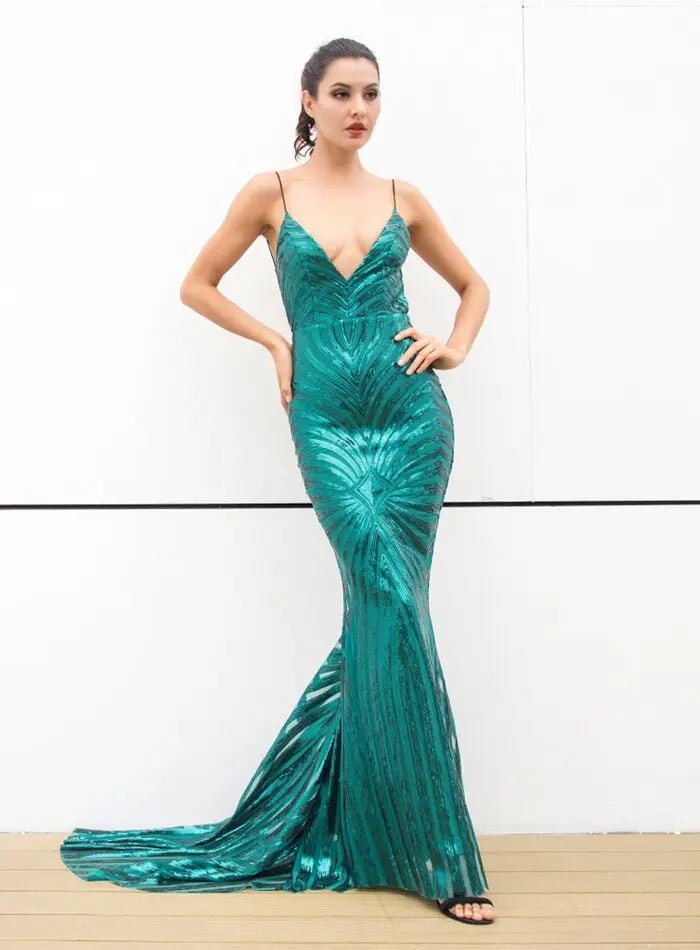 Deep V Neck Open Back Geometry Sequins Long Dress - Mscooco.co.uk