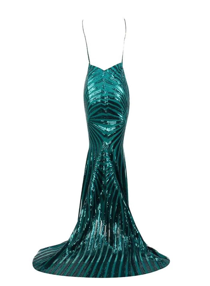 Deep V Neck Open Back Geometry Sequins Long Dress - Mscooco.co.uk