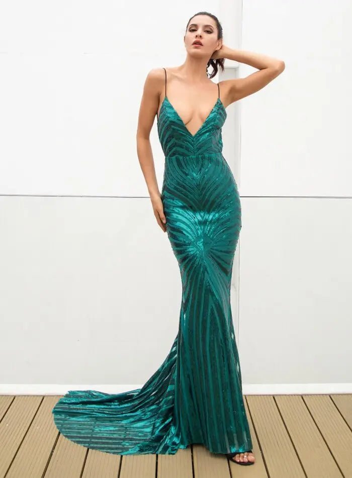 Deep V Neck Open Back Geometry Sequins Long Dress - Mscooco.co.uk