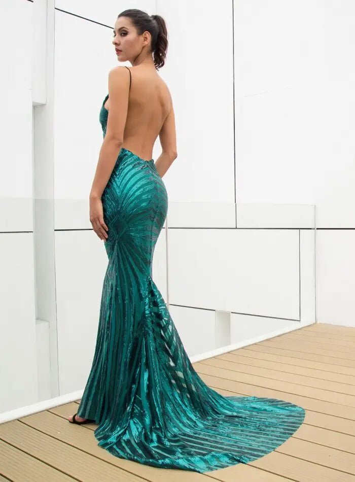 Deep V Neck Open Back Geometry Sequins Long Dress - Mscooco.co.uk