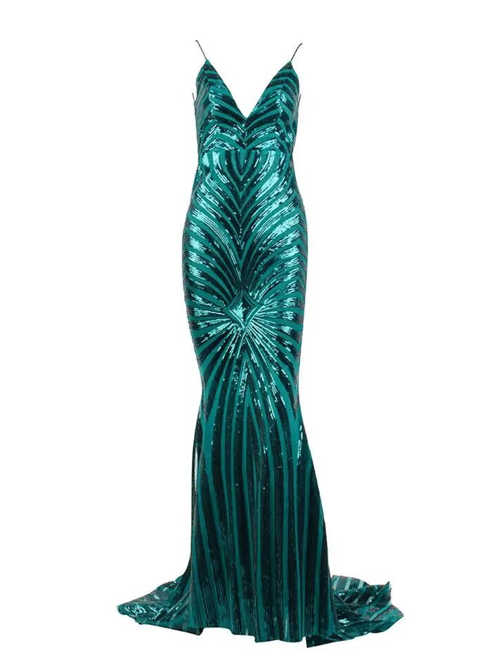 Deep V Neck Open Back Geometry Sequins Long Dress - Mscooco.co.uk