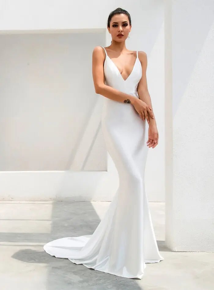 Deep V-Neck Open Back Slim Flash Material Long Dress - Mscooco.co.uk