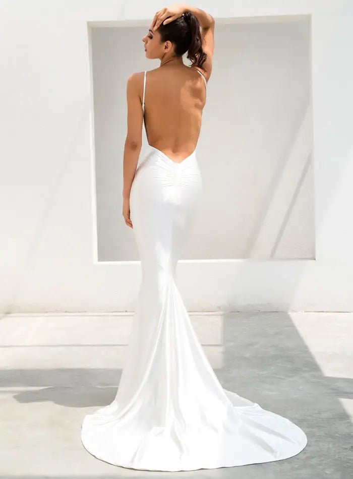 Deep V-Neck Open Back Slim Flash Material Long Dress - Mscooco.co.uk