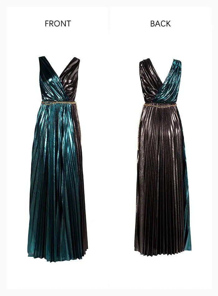 Deep V-Neck Pleated A-Line Maxi Dress (Gold Belt) - Mscooco.co.uk