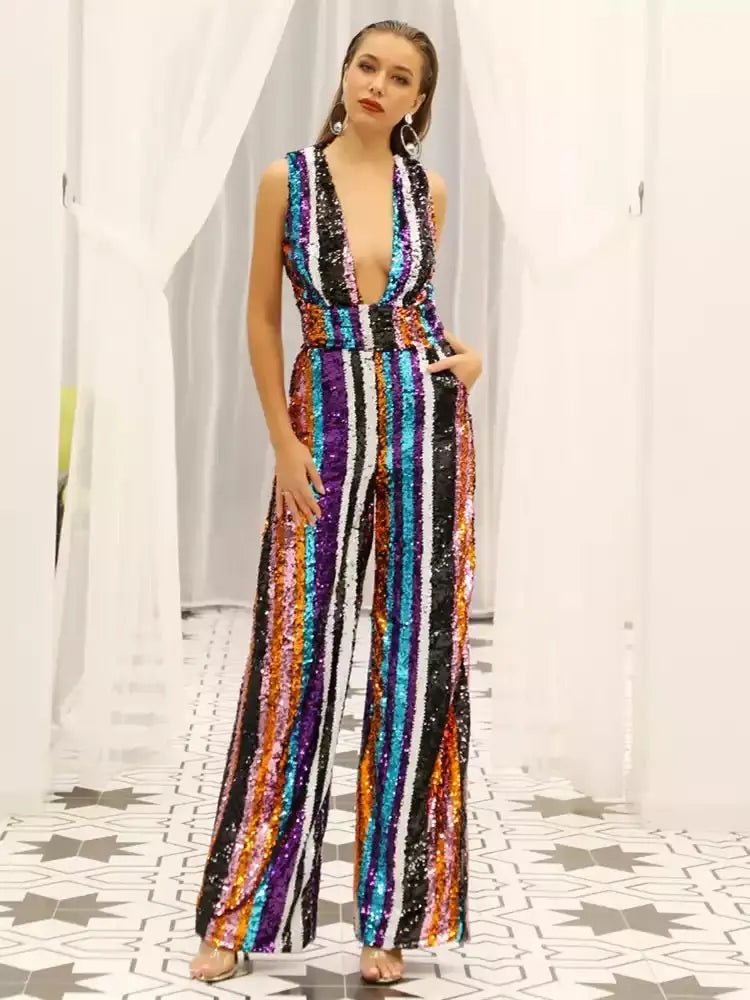 Deep V Neck Sequin Striped Rompers - Mscooco.co.uk