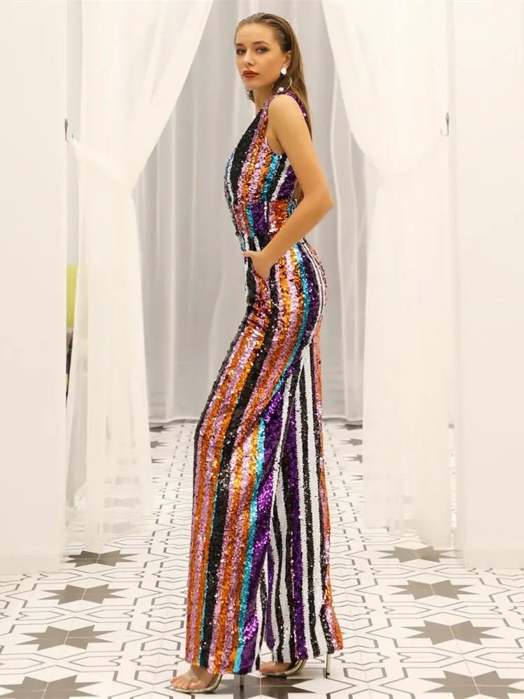 Deep V Neck Sequin Striped Rompers - Mscooco.co.uk