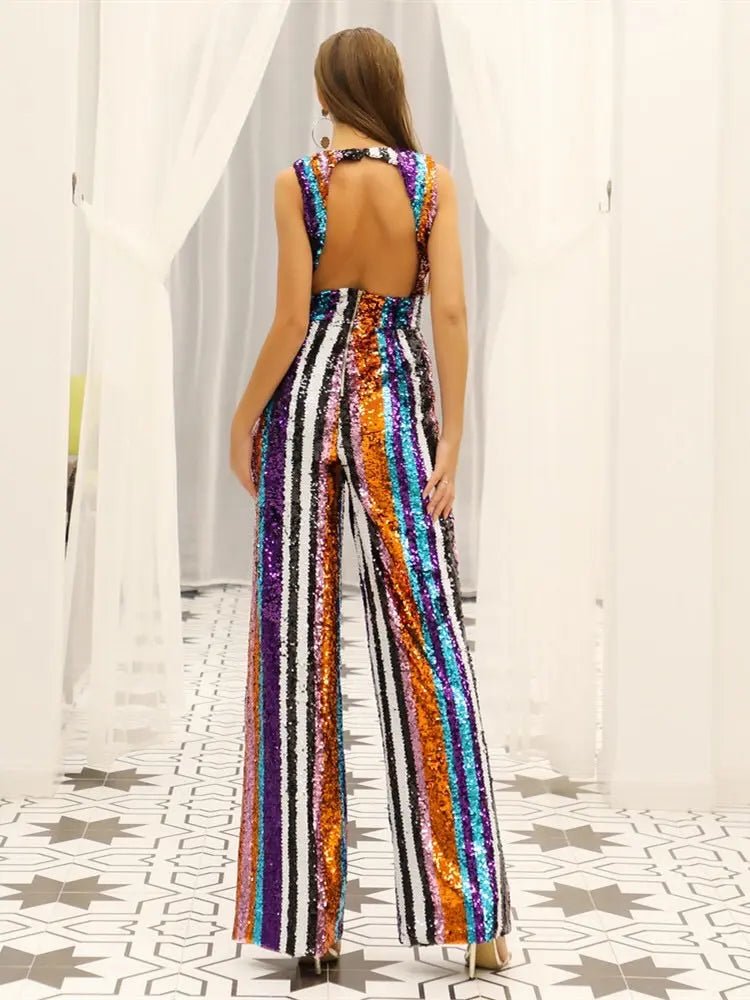 Deep V Neck Sequin Striped Rompers - Mscooco.co.uk