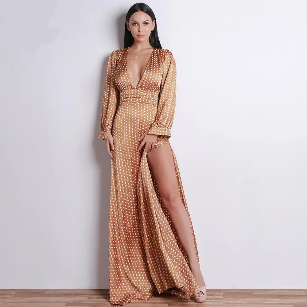 Deep-V Small Dot Split Long Dress - Mscooco.co.uk