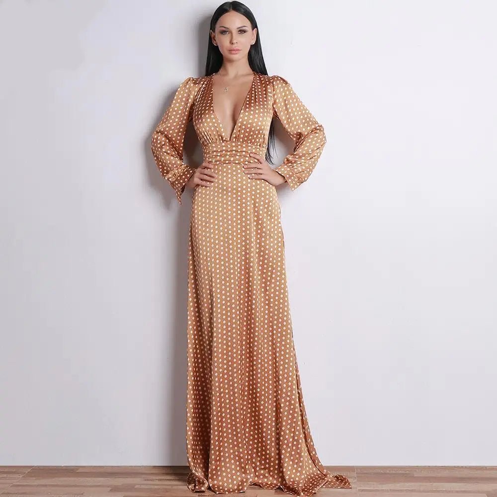 Deep-V Small Dot Split Long Dress - Mscooco.co.uk