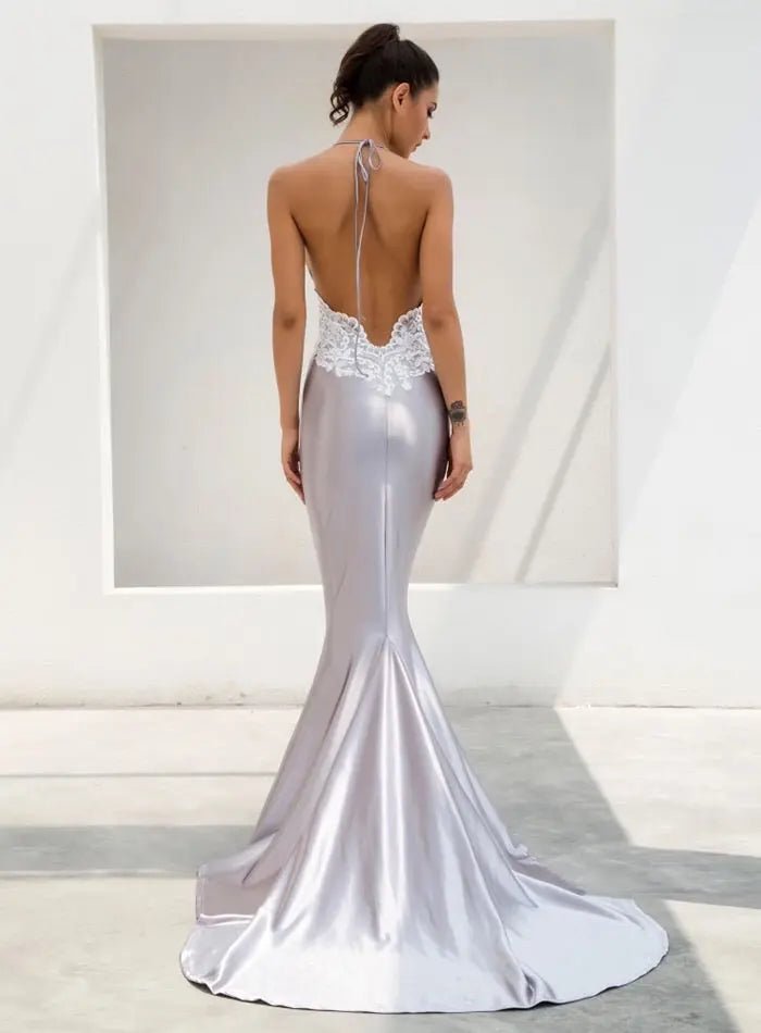 Demi - Grey V-Neck Lace Maxi Dress - Mscooco.co.uk