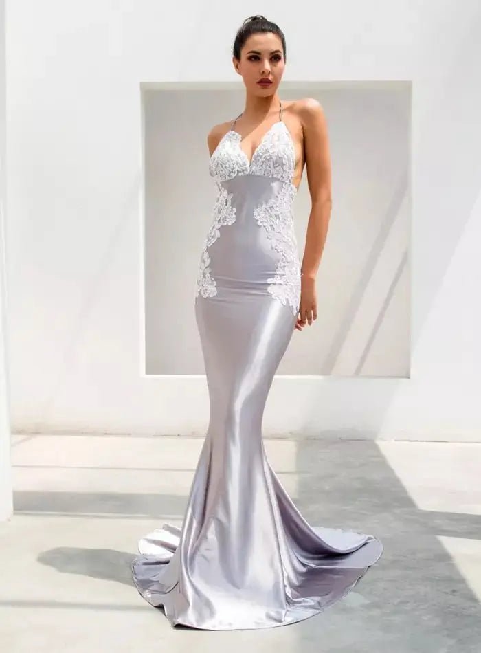 Demi - Grey V-Neck Lace Maxi Dress - Mscooco.co.uk