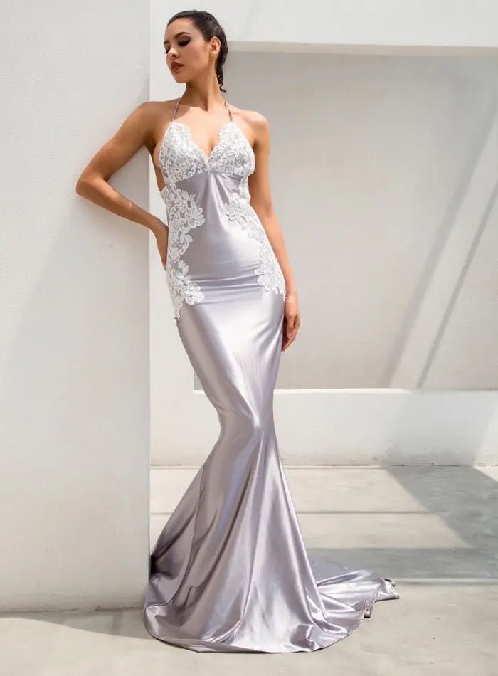 Demi - Grey V-Neck Lace Maxi Dress - Mscooco.co.uk