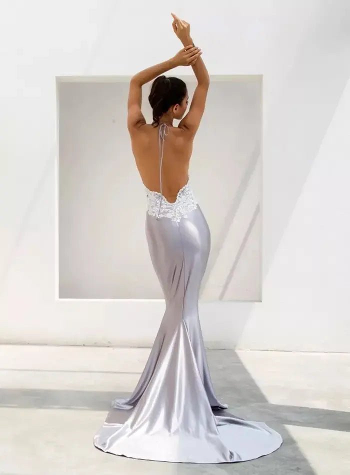 Demi - Grey V-Neck Lace Maxi Dress - Mscooco.co.uk