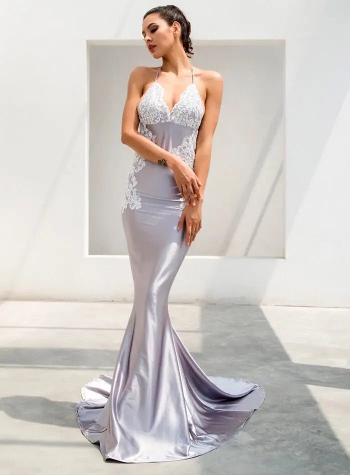 Demi - Grey V-Neck Lace Maxi Dress - Mscooco.co.uk