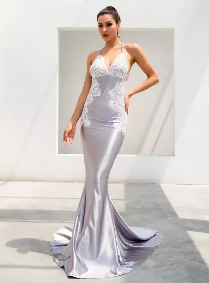 Demi - Grey V-Neck Lace Maxi Dress - Mscooco.co.uk