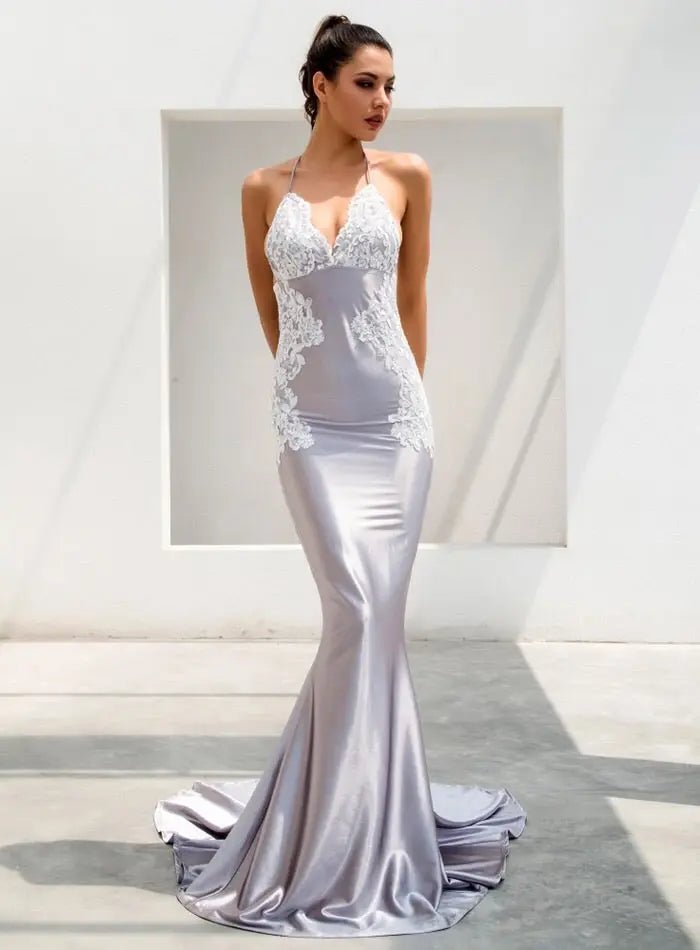 Demi - Grey V-Neck Lace Maxi Dress - Mscooco.co.uk