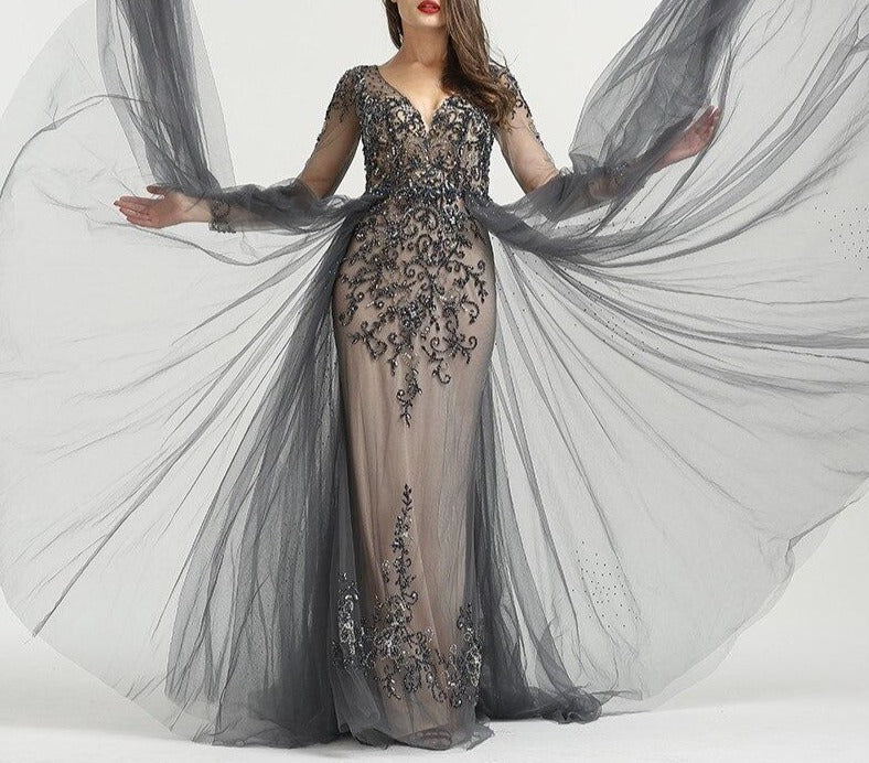 Diamond Beading With Train Evening Dress - Mscooco.co.uk