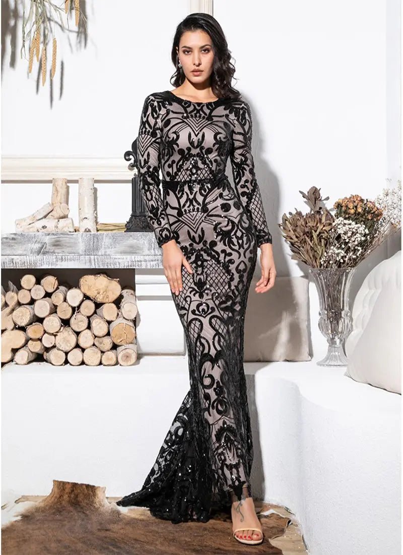 Diva - Black Sequin Bodycon Maxi Dress - Mscooco.co.uk