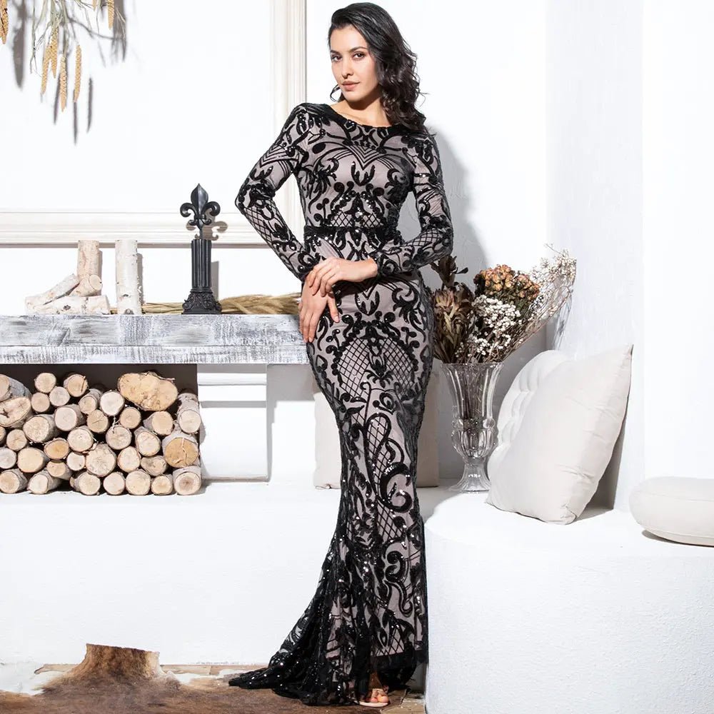 Diva - Black Sequin Bodycon Maxi Dress - Mscooco.co.uk