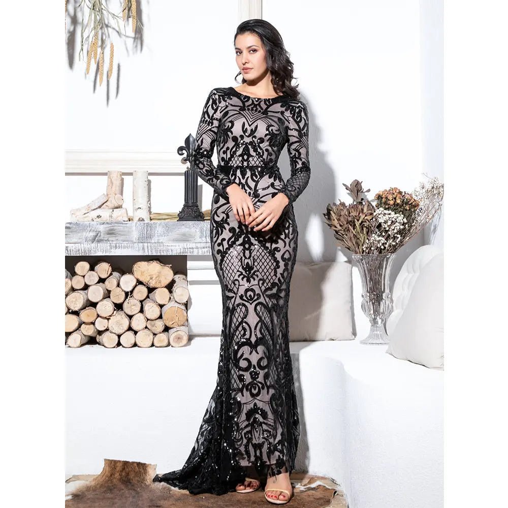 Diva - Black Sequin Bodycon Maxi Dress - Mscooco.co.uk