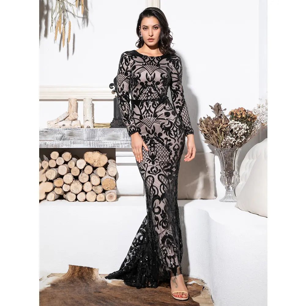 Diva - Black Sequin Bodycon Maxi Dress - Mscooco.co.uk