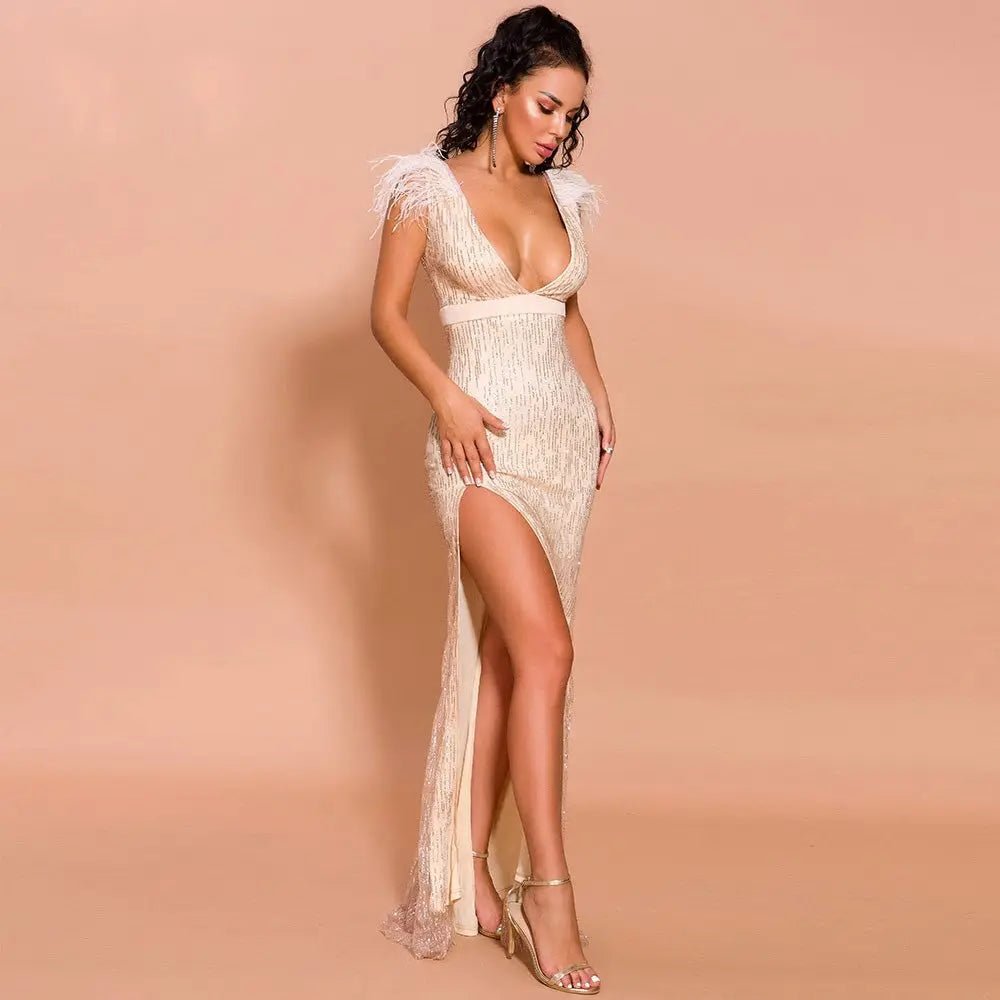 Elegant Glitter High Split Feather Dress - Mscooco.co.uk