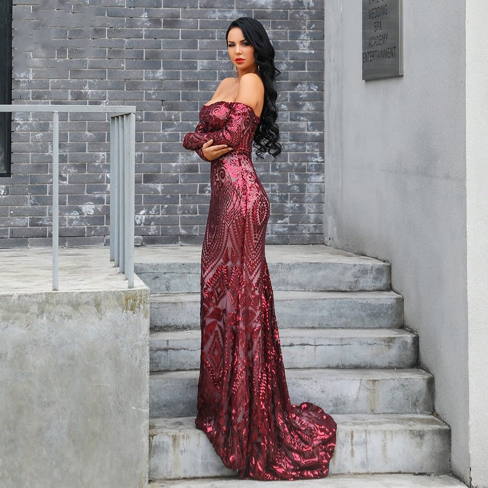Elegant Long Sleeve Sequins Maxi Dress - Mscooco.co.uk