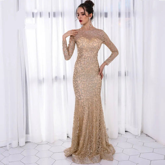 Elegant O Neck Long Sleeve Pattern Glitter Dress - Mscooco.co.uk