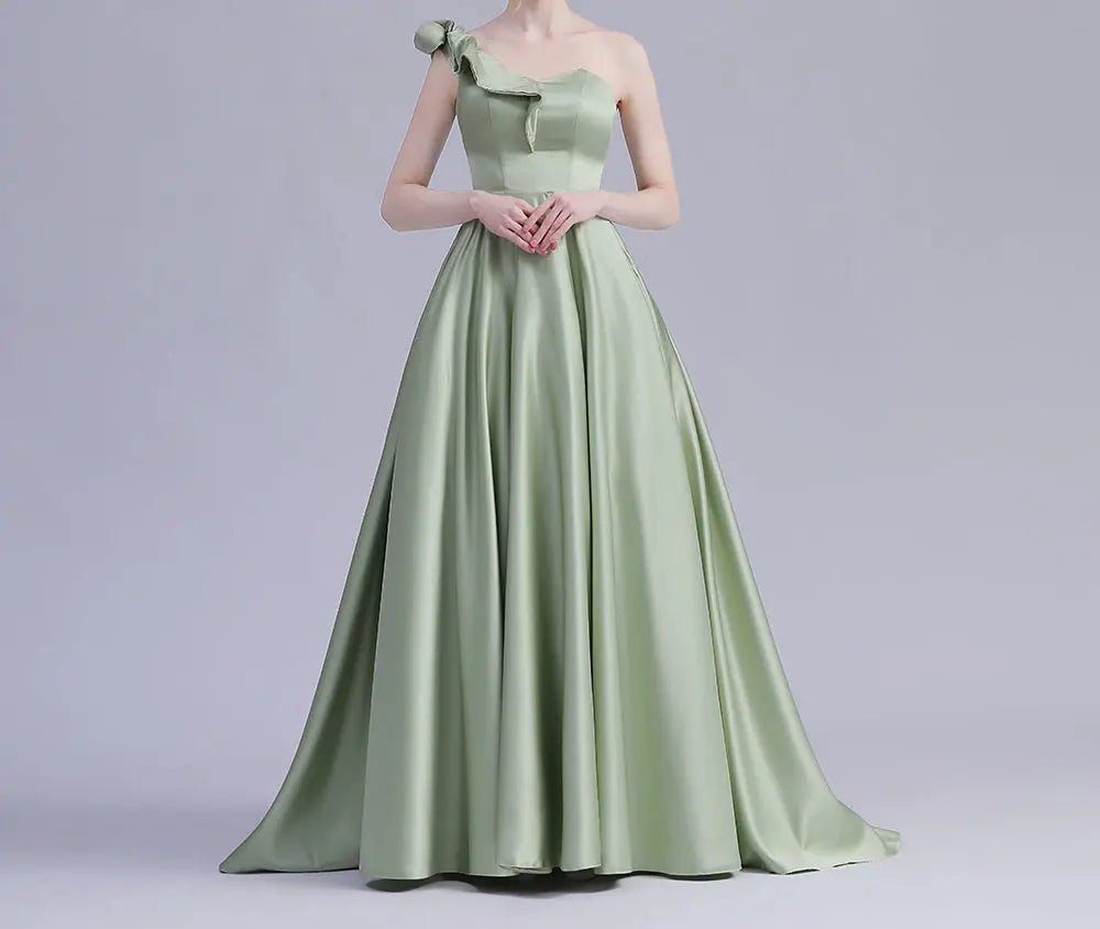 Elegant One Shoulder Avocado Green Satin Gown n - Mscooco.co.uk