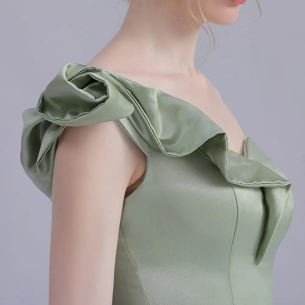 Elegant One Shoulder Avocado Green Satin Gown n - Mscooco.co.uk