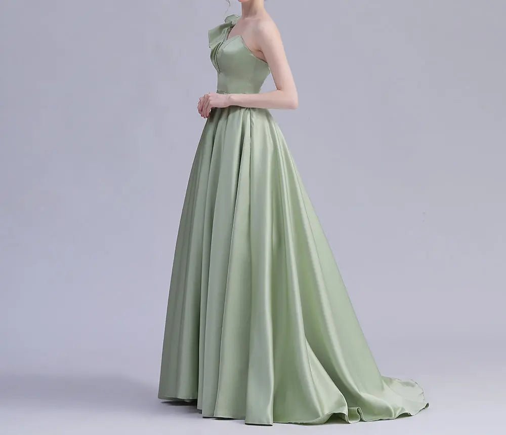 Elegant One Shoulder Avocado Green Satin Gown n - Mscooco.co.uk