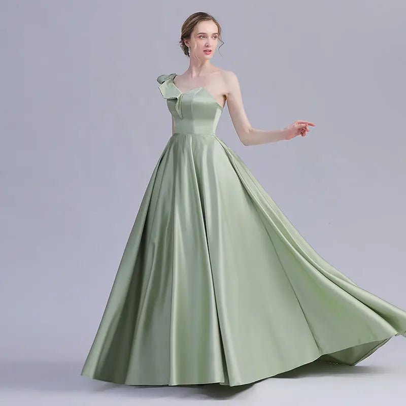 Elegant One Shoulder Avocado Green Satin Gown n - Mscooco.co.uk