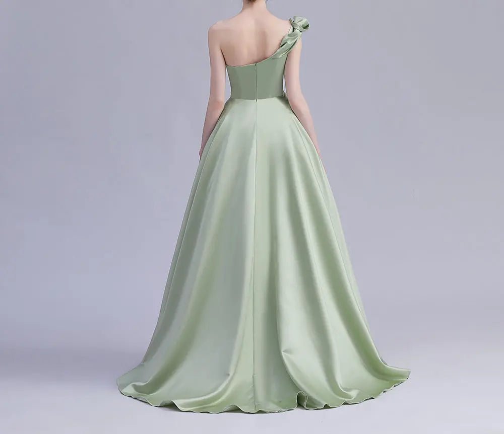 Elegant One Shoulder Avocado Green Satin Gown n - Mscooco.co.uk