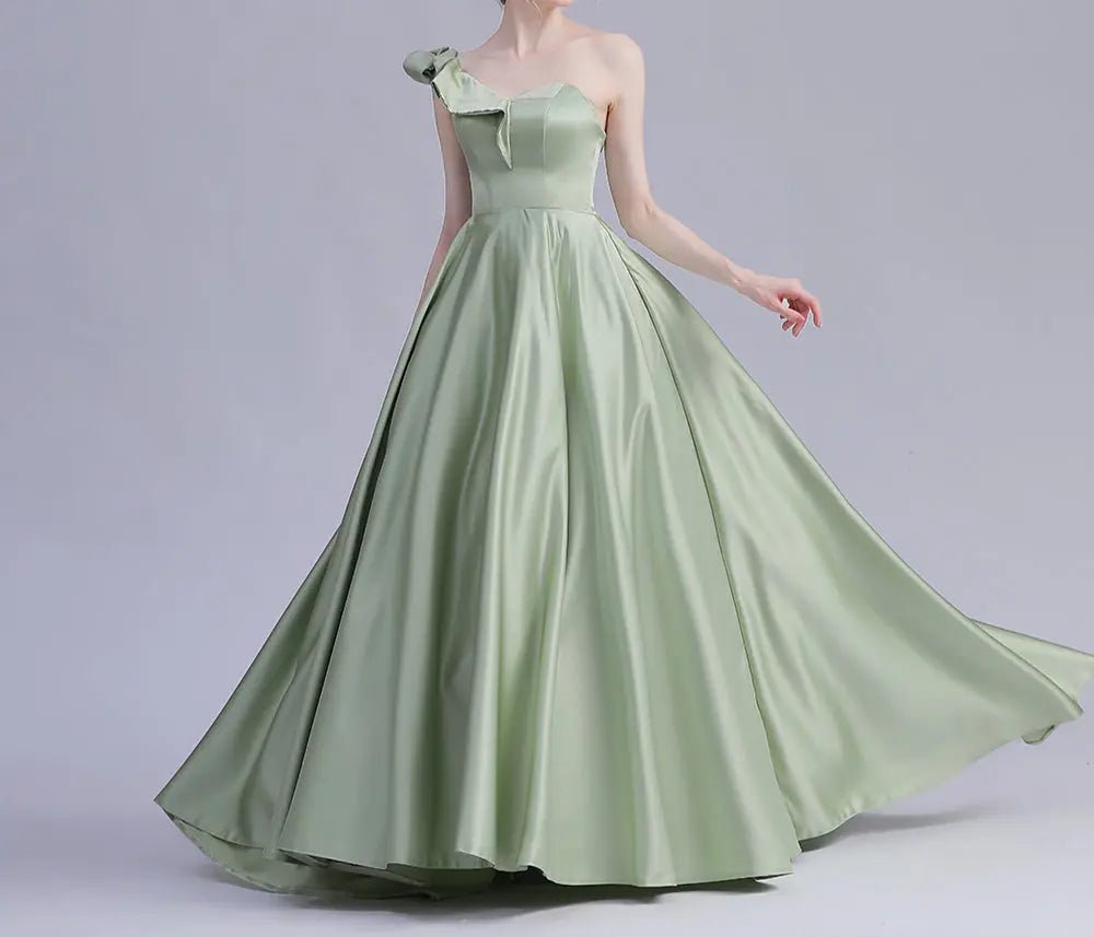 Elegant One Shoulder Avocado Green Satin Gown n - Mscooco.co.uk