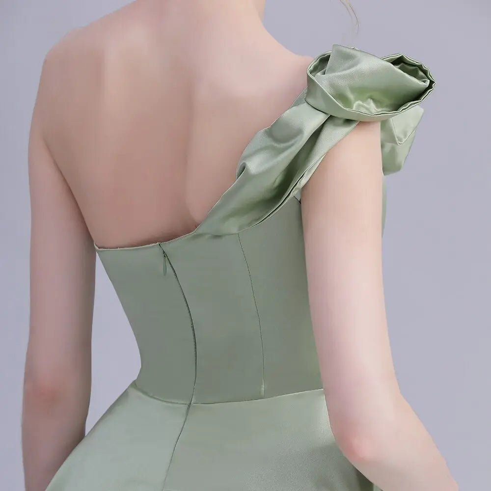Elegant One Shoulder Avocado Green Satin Gown n - Mscooco.co.uk