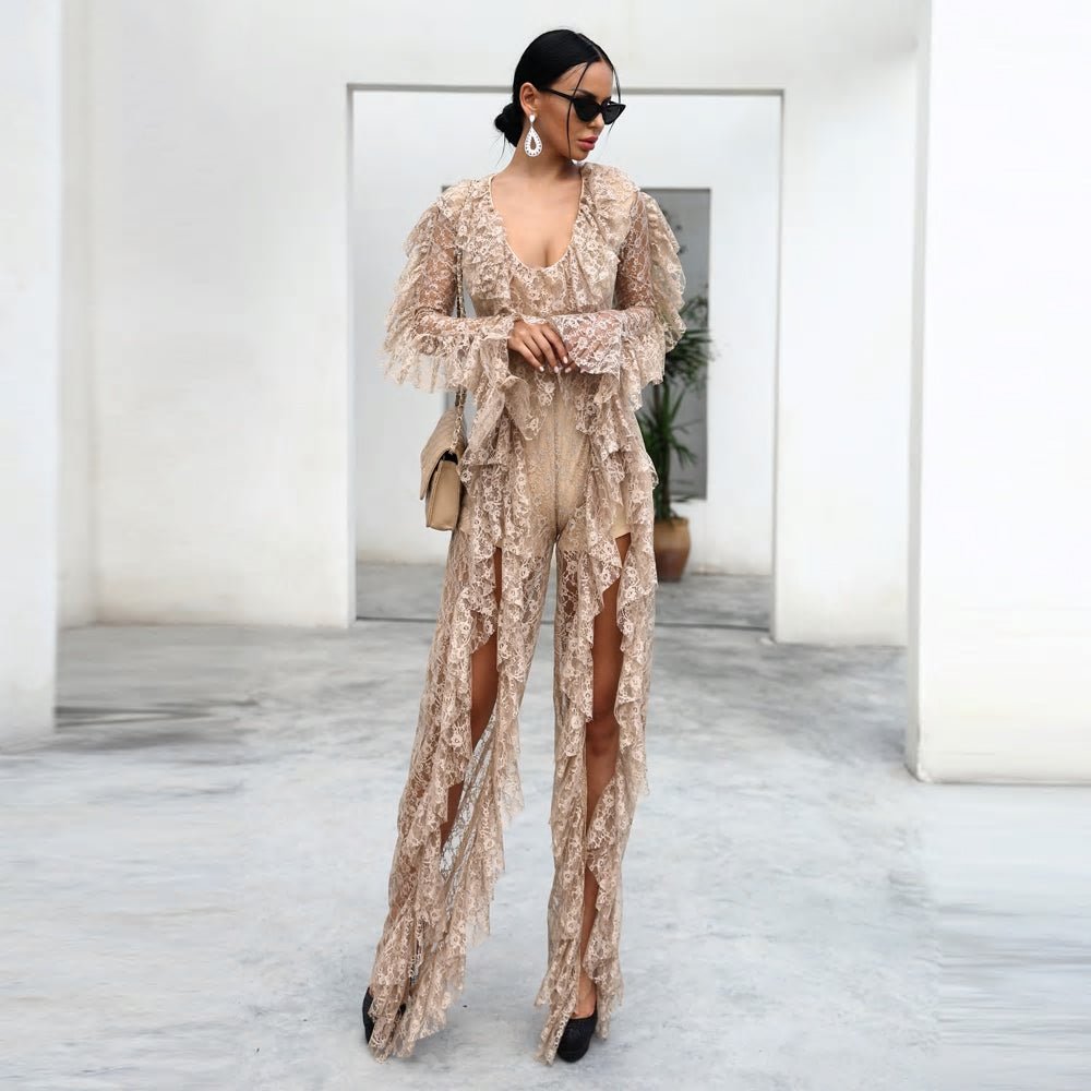 Elegant Ovaralls High Split See Through Jumpsuit - Mscooco.co.uk