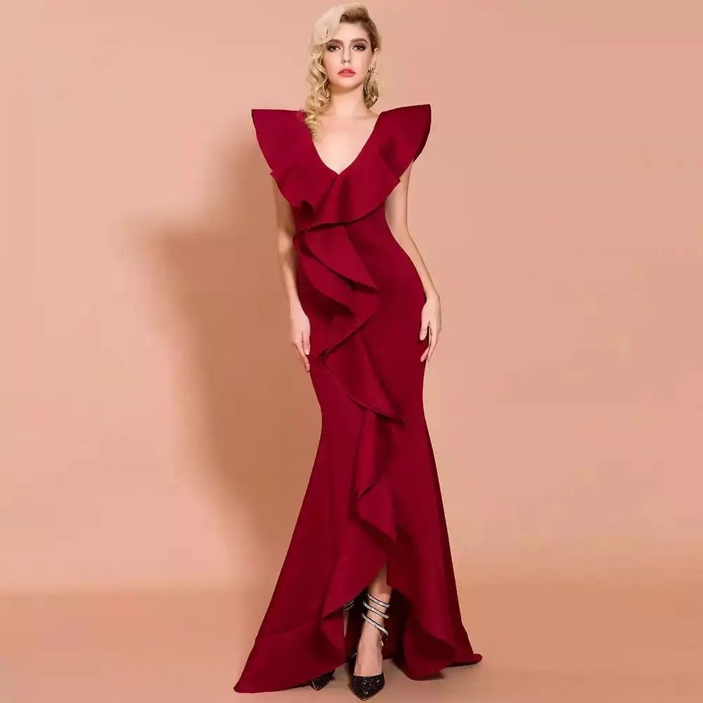 Elegant V Neck Ruffles Sleeveless Maxi Dress - Mscooco.co.uk