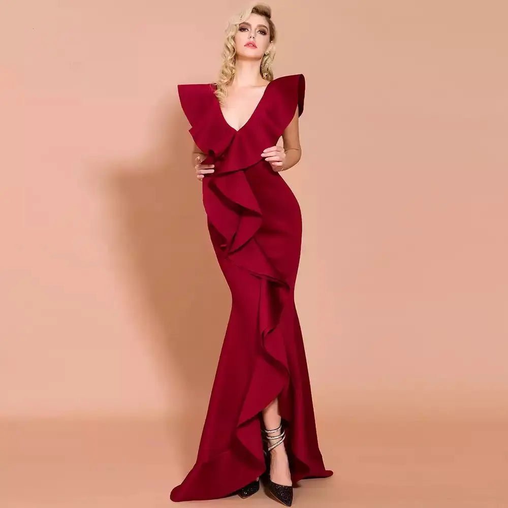 Elegant V Neck Ruffles Sleeveless Maxi Dress - Mscooco.co.uk