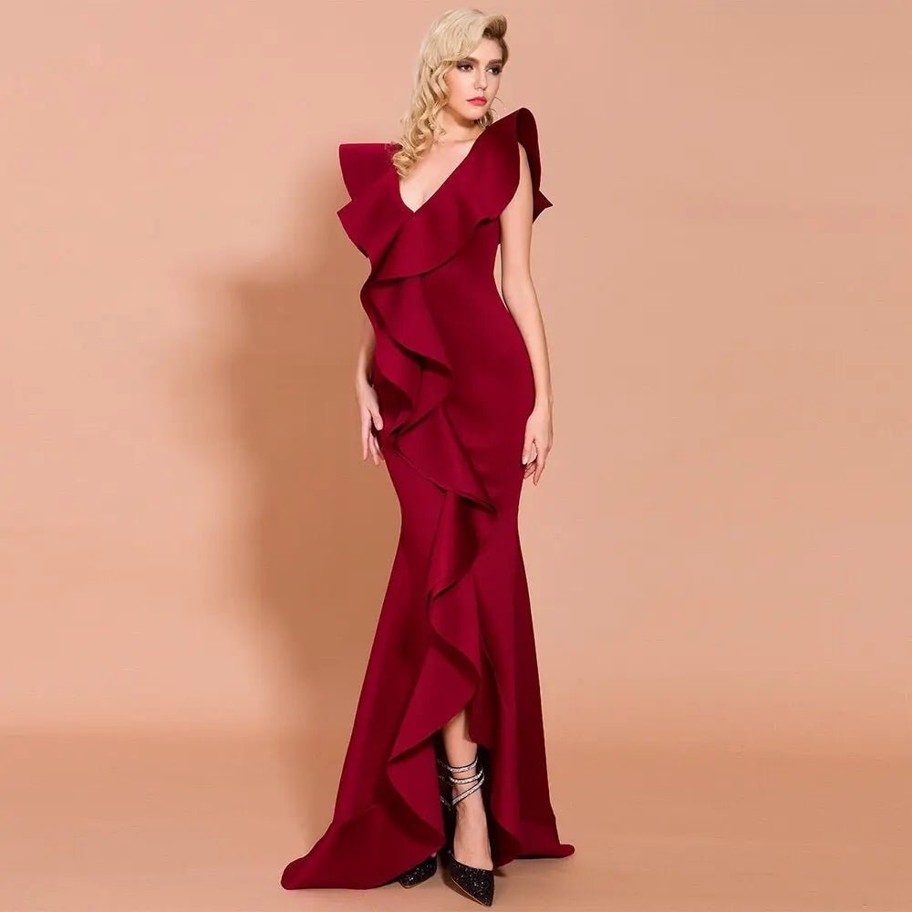 Elegant V Neck Ruffles Sleeveless Maxi Dress - Mscooco.co.uk