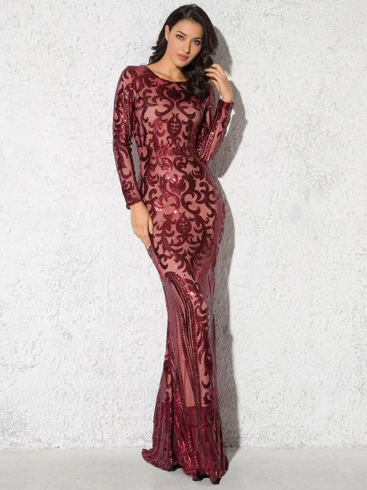 Elegant Vestido Full Sleeved Sequined Maxi Dress - Mscooco.co.uk