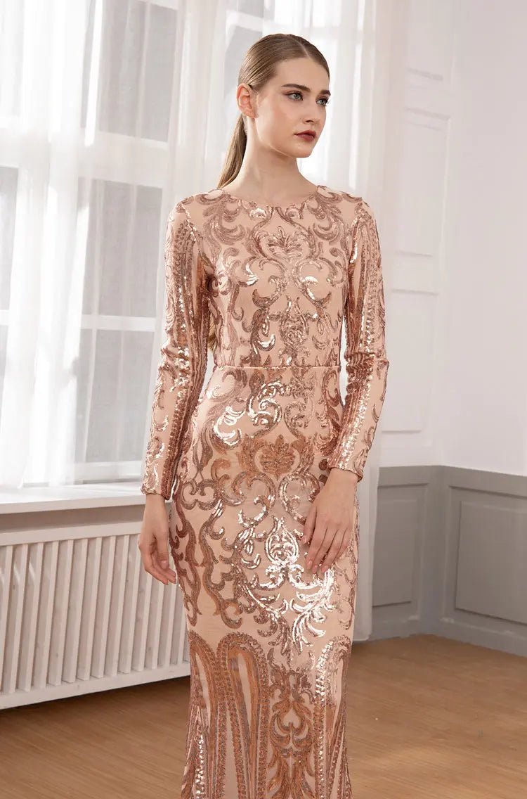 Elegant Vestido Full Sleeved Sequined Maxi Dress - Mscooco.co.uk
