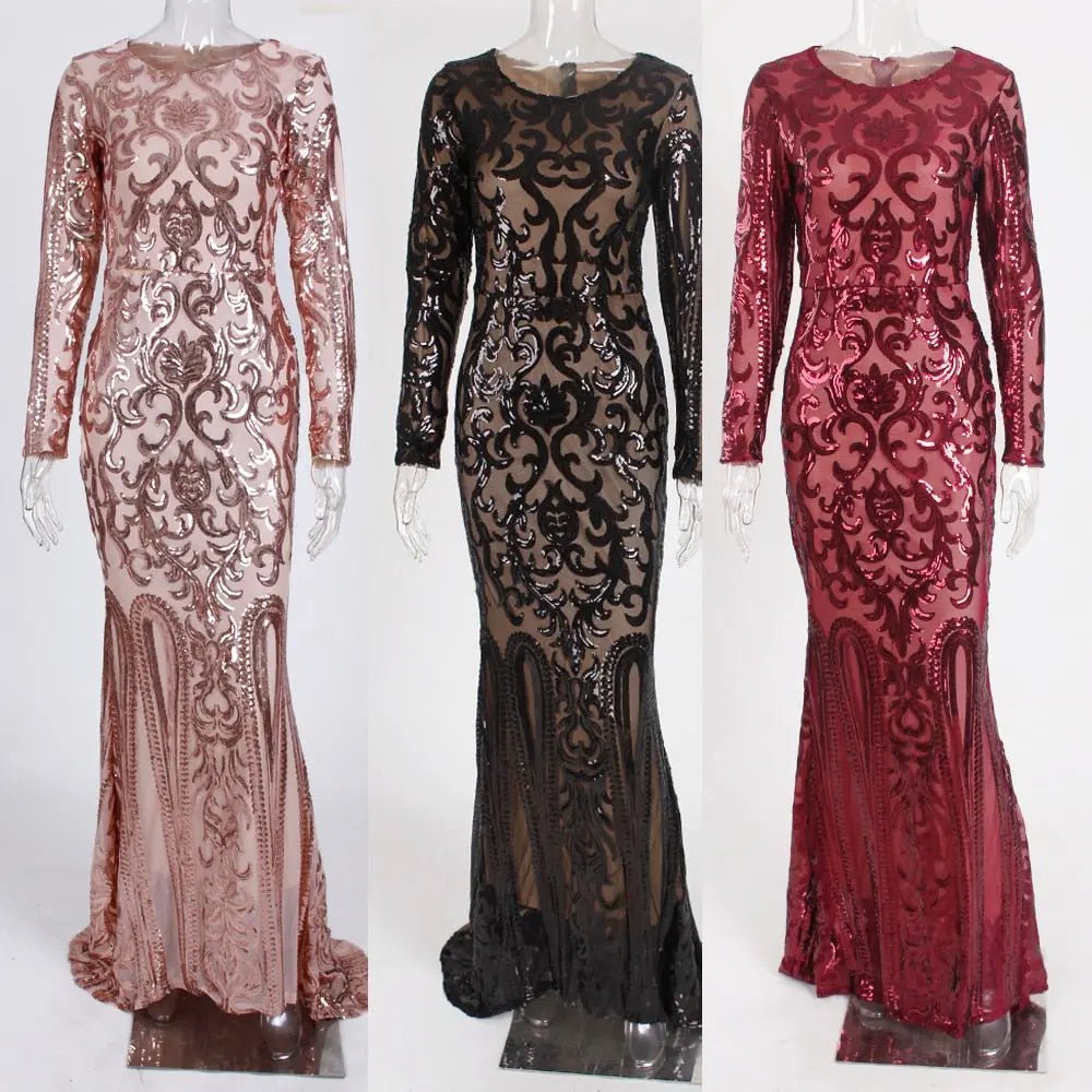 Elegant Vestido Full Sleeved Sequined Maxi Dress - Mscooco.co.uk