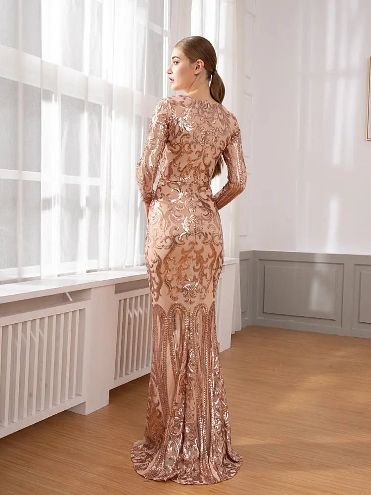 Elegant Vestido Full Sleeved Sequined Maxi Dress - Mscooco.co.uk